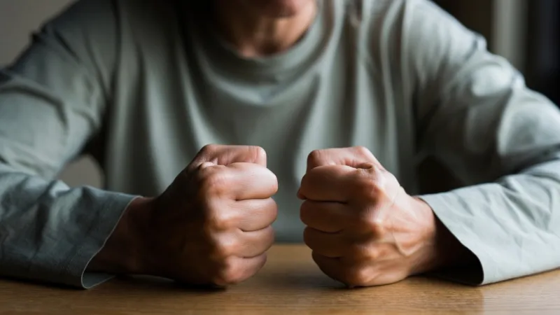 A person sitting at a table with both hands clenched into fists in front of them.
