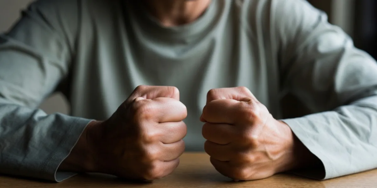 A person sitting at a table with both hands clenched into fists in front of them.