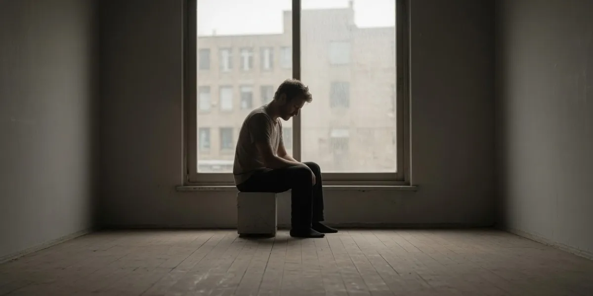 A person sitting alone on a low stool in a bare room, head bowed, in front of a window.
