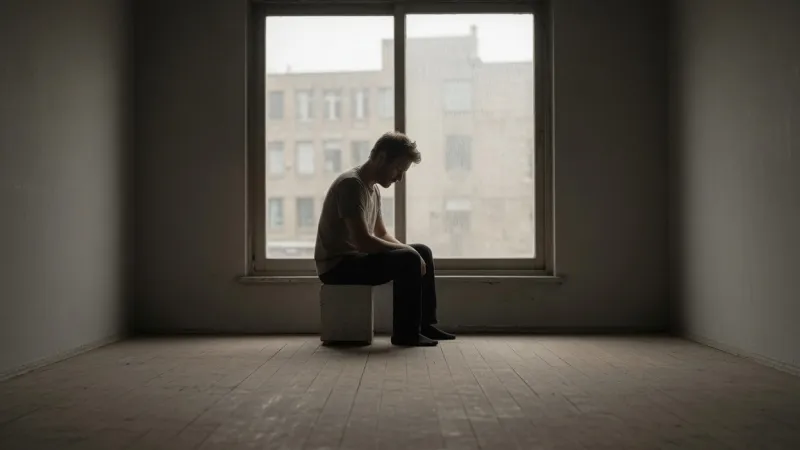 A person sitting alone on a low stool in a bare room, head bowed, in front of a window.